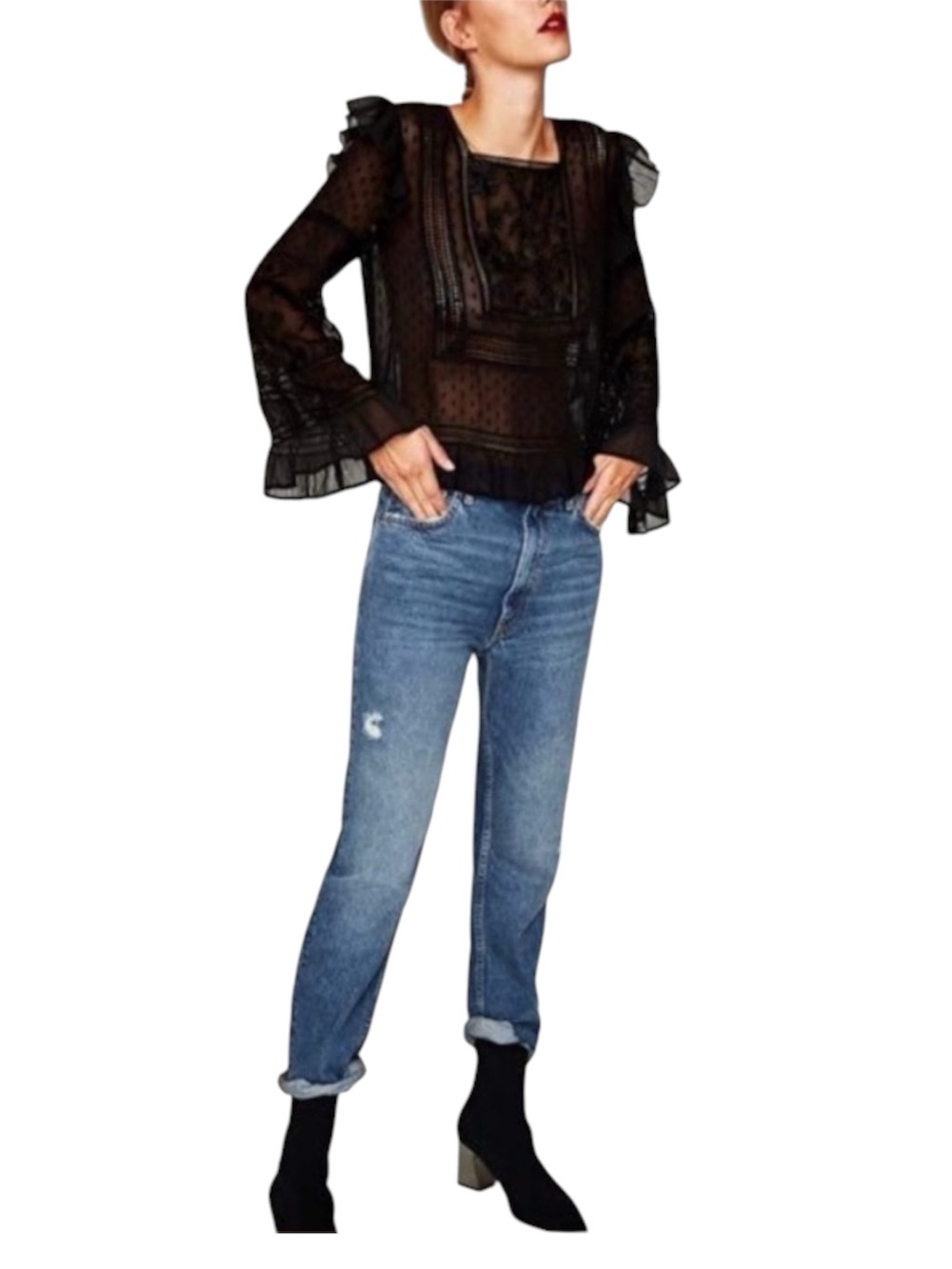 Zara Sheer Ruffle Embroidered Lace Boho Top
